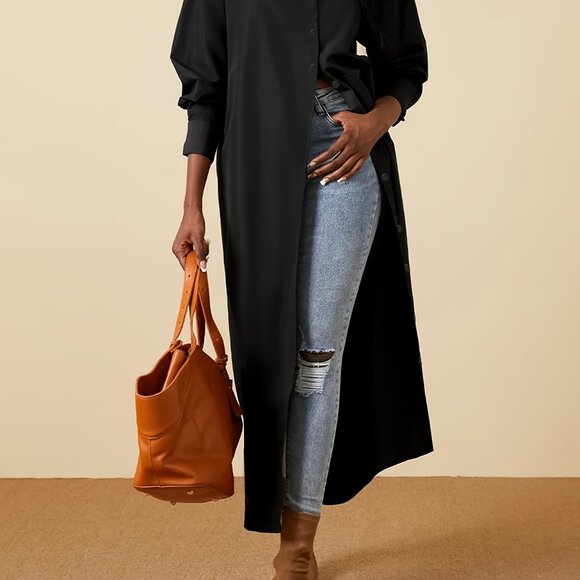 Passion Plus Size Elegant Button Up Long Sleeve Lapel Collar Shirt Dress - Picture 4 of 5